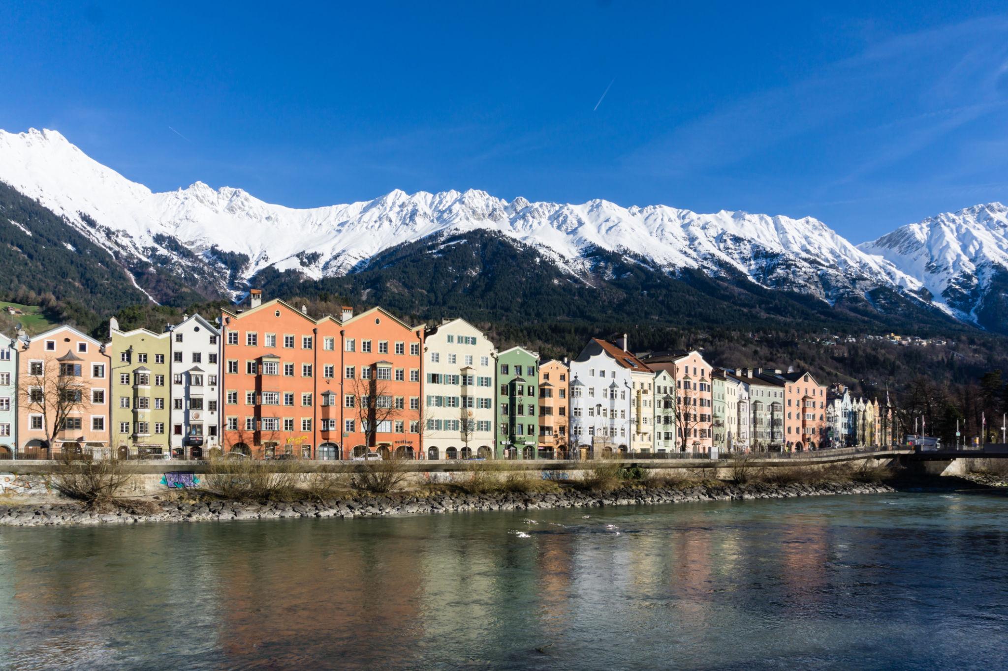 Colorful houses along Inn River in Innsbruck