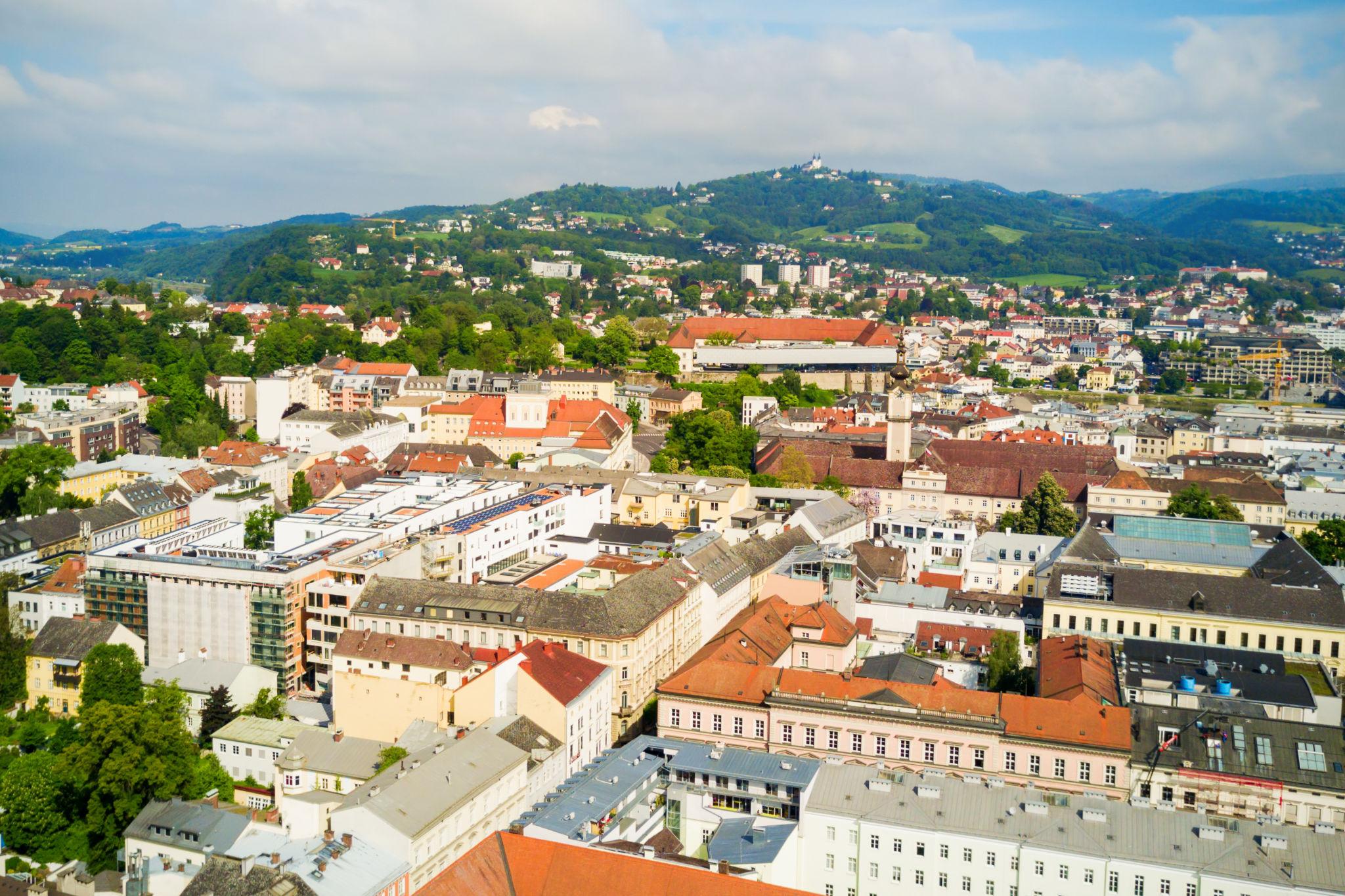 Aerial view of Hauptplatz Linz main square surrounded by historic buildings in Austria