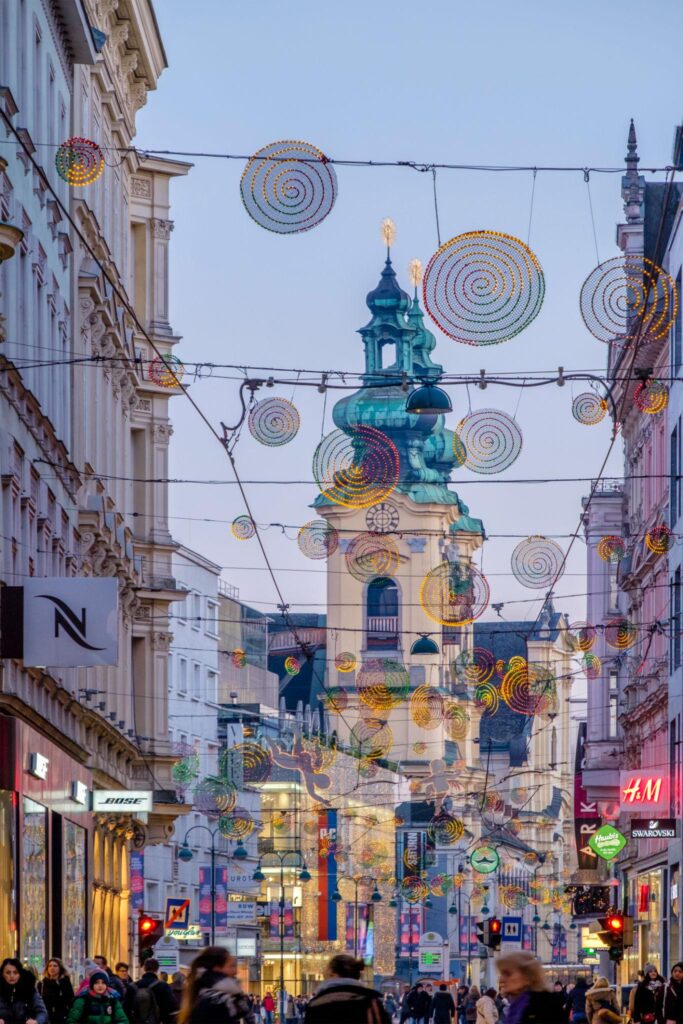 Christmas lights decorating the streets of Linz Old Town during winter