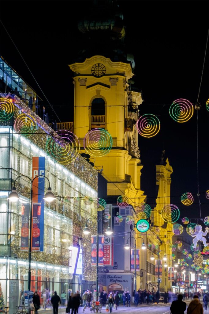 Christmas lights decorating the streets of Linz Old Town during winter