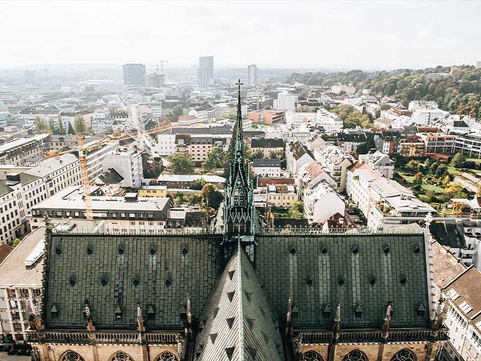 Tower and skyline view of New Cathedral Linz Austria